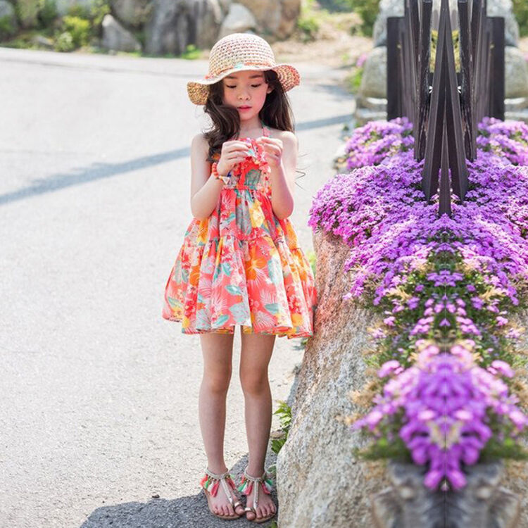 女童2018夏季连衣裙小女孩挂脖吊带露背沙滩裙儿童韩版碎花短裙子