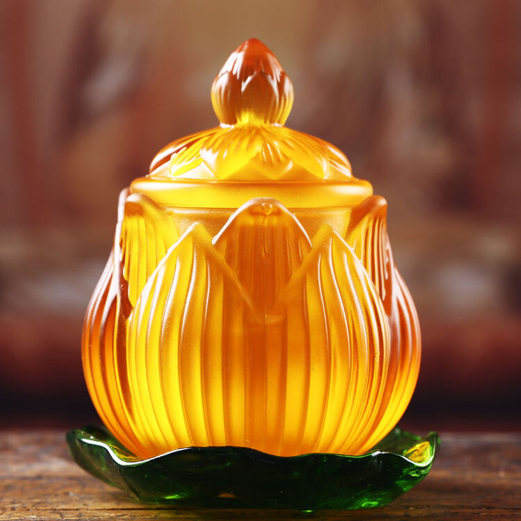 圣水杯供杯莲花大悲咒心经僧佛教用品供具琉璃玻璃水晶摆件 红色 供杯