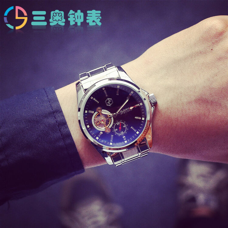 三奥2017新款精钢黑钢带全自动机械表镂空男表学生运动个性表o5c0420