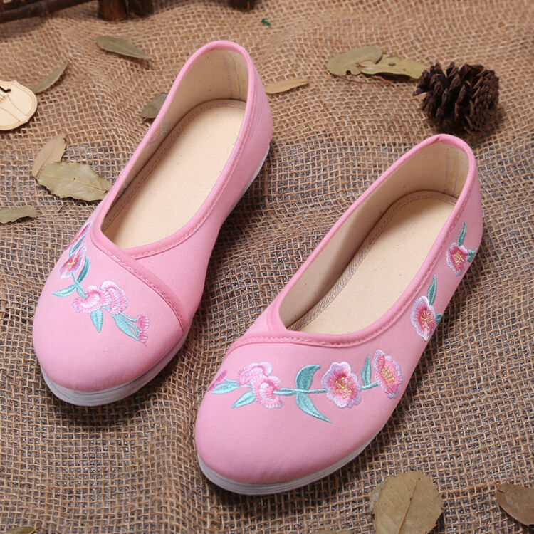 夏季女民族风古风绣花鞋汉服搭配布鞋女鞋千层底跳舞平底鞋 qss 粉红