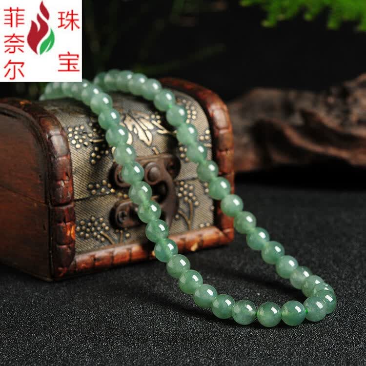 菲奈尔 冰油青玉石翡翠圆珠串珠项链浅油绿玉珠子珠链项链男女款送人