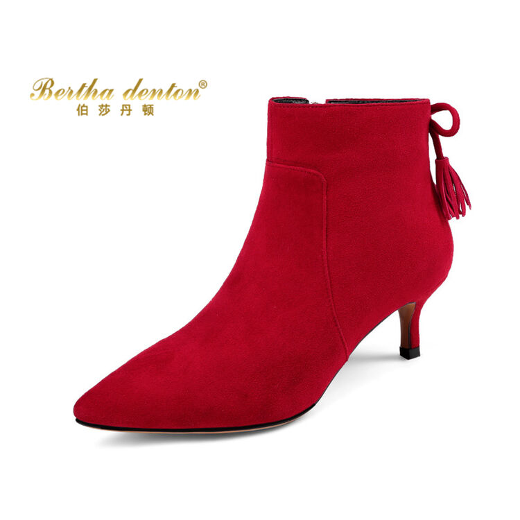 伯莎丹顿红色流苏装饰小跟短靴女2017冬季新款磨砂真皮尖头优雅时尚