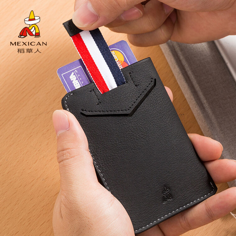 稻草人卡包男士真皮多卡位小卡夹男式钱包男零钱包欧美卡包简约 黑色