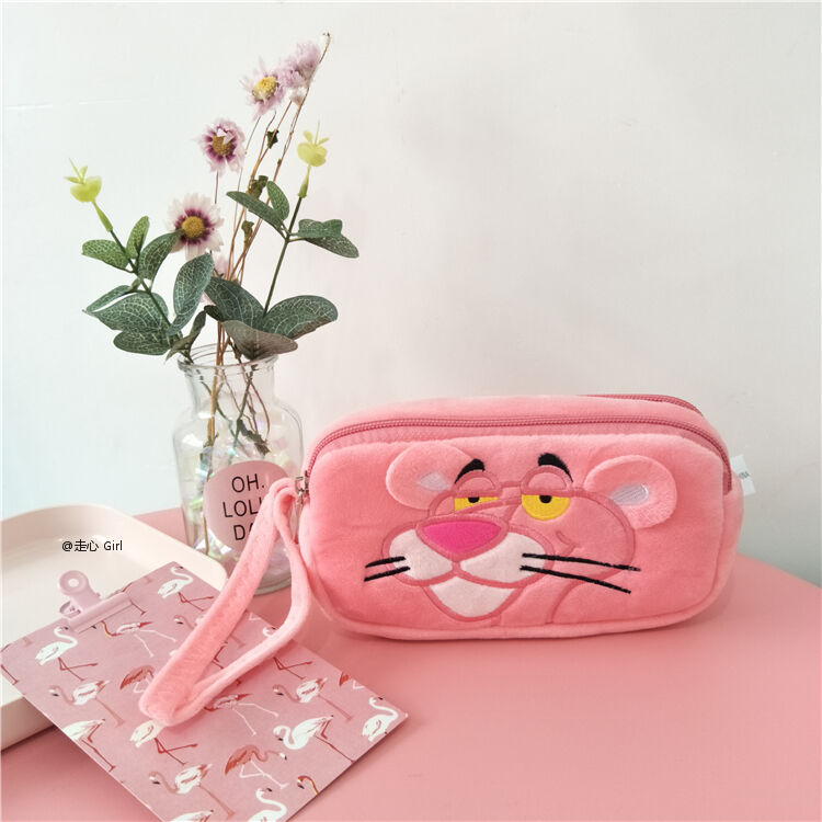 可爱少女心红豹顽皮豹双层毛绒化妆包笔袋收纳包刷包 粉豹化妆包