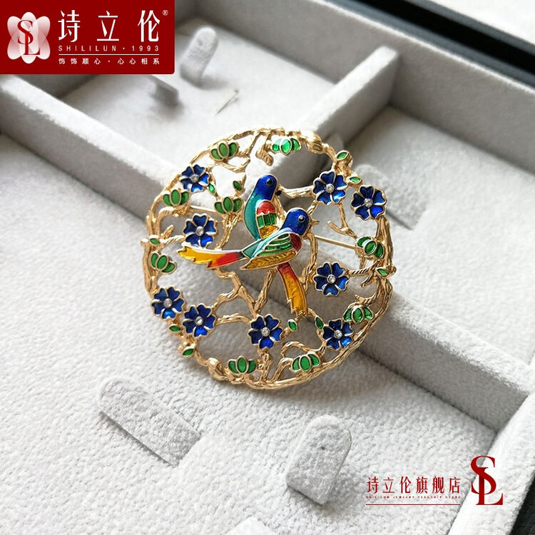 欧美日韩配饰品 杜鹃鸟花圆蓝色水钻烤漆复古胸针别针女送女友