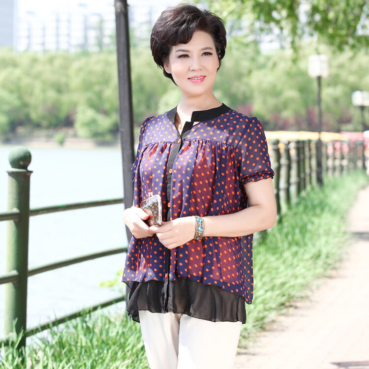 妍昆2014新款中年中老年女装妈妈装夏装波点妈妈衫夏休闲短袖t恤 橘色