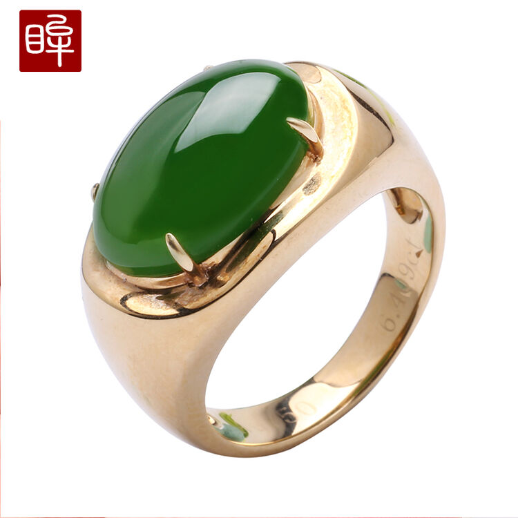 {下架}印象眸 金镶玉和田玉碧玉戒指 镶18k金男士扳指男戒指环