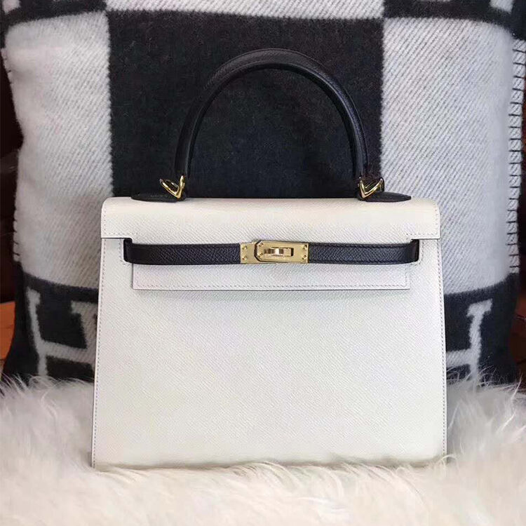 爱马仕(hermes) 奶昔白拼黑色25厘米kelly包