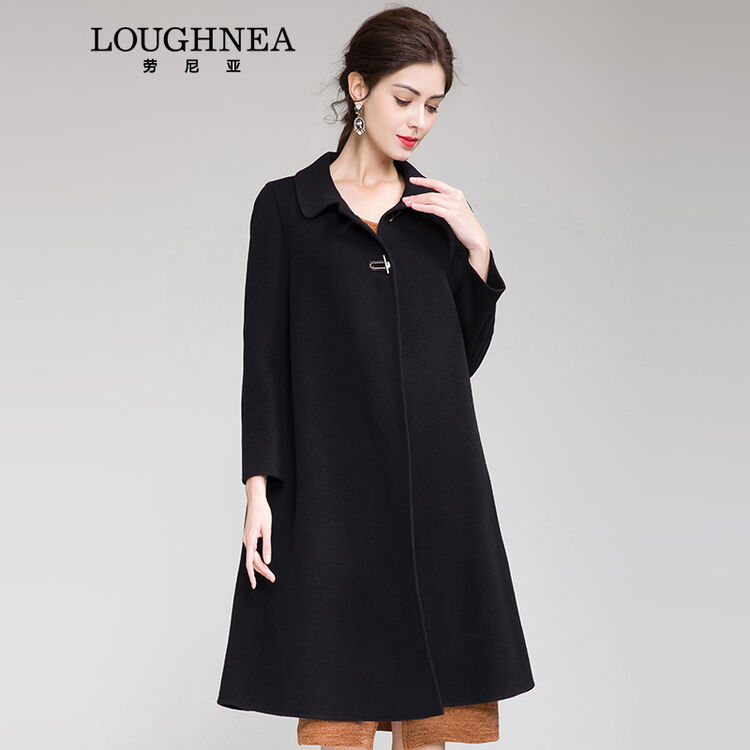 loughnea品牌女装2017冬季新款方领金属感卡扣轻奢气质双面纯羊毛呢