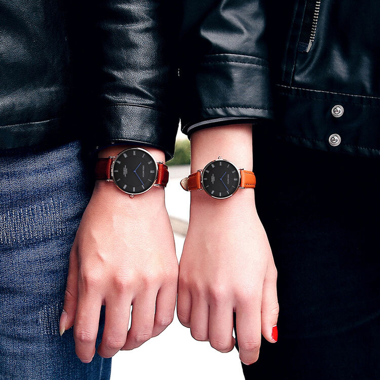 依伦情侣手表 皮带超薄男女士手表一对简约防女表 棕皮黑面情侣一对