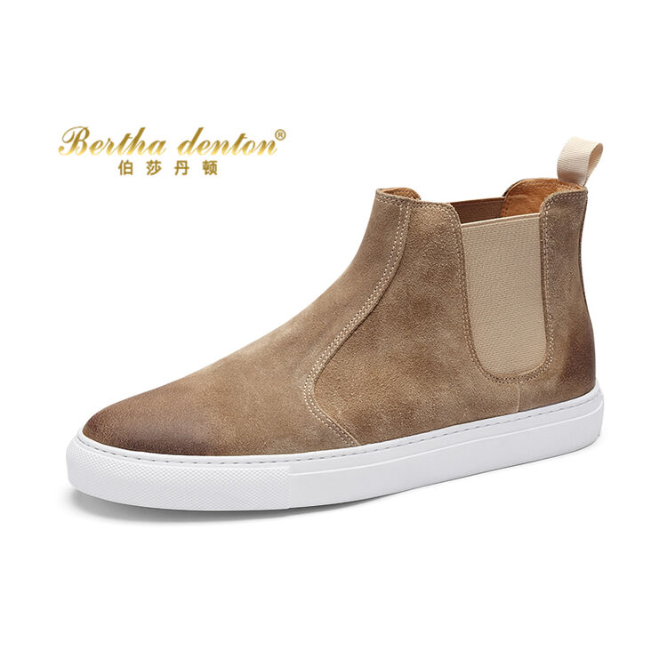 伯莎丹顿车缝线平跟真皮高帮板鞋男2017冬季新款复古风潮流时尚做旧