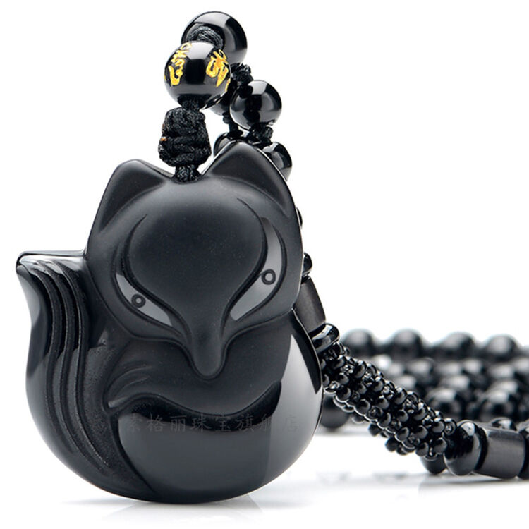 黑曜石狐狸吊坠女长款狐仙挂件项链男坠饰