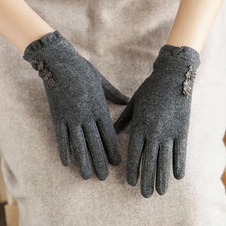 五指手套女秋冬天新款薄款开车可触屏仿羊绒优雅小花显瘦韩版手套
