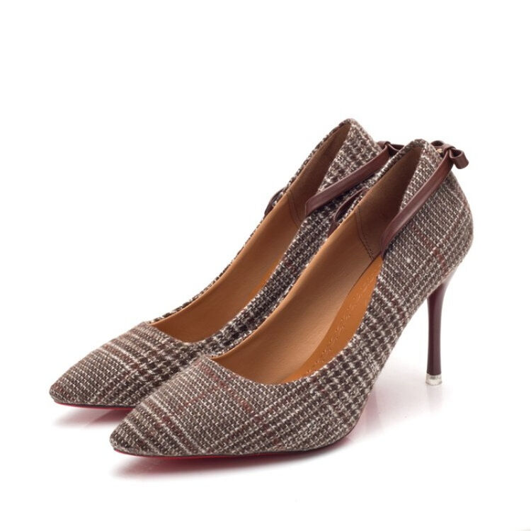 新款2018女鞋春季布面浅口细跟尖头高跟单鞋百搭性感韩版时尚鞋 咖啡