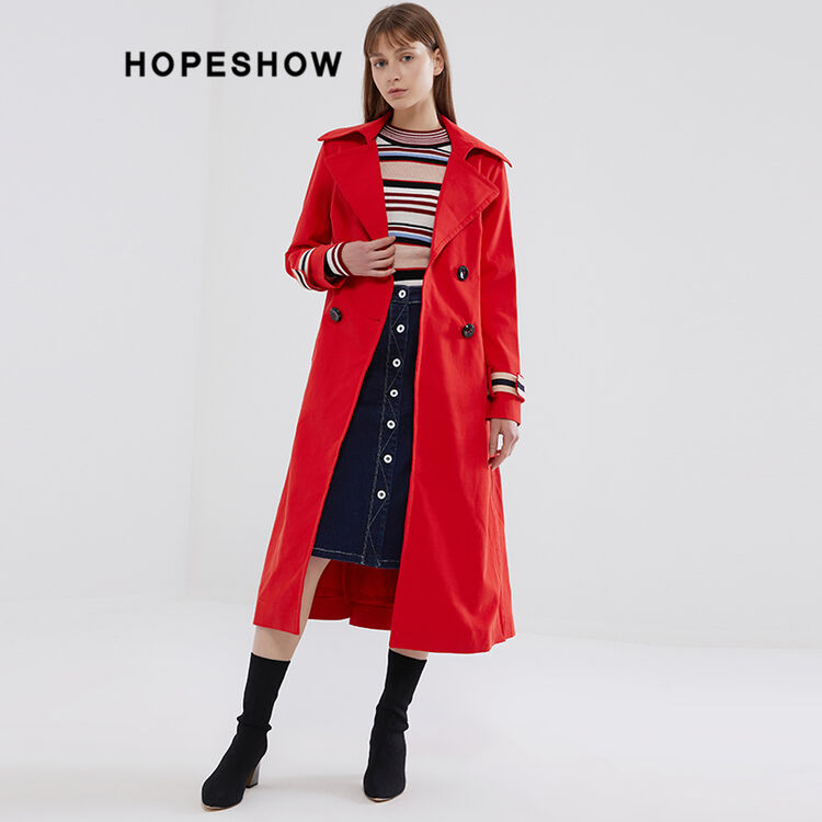 红袖女装2018春装新款 系带双排扣长款翻领风衣89117030708 403大红 m