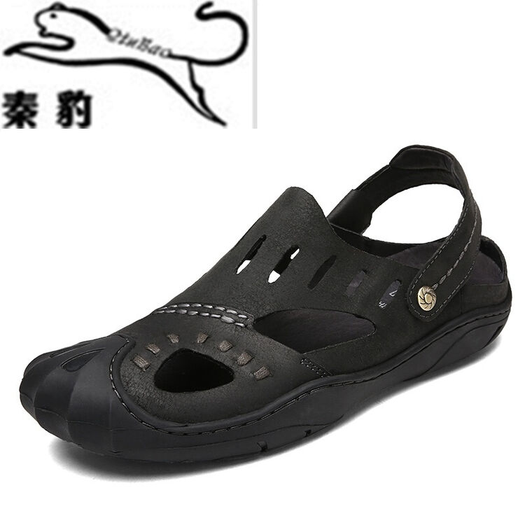 秦豹新款头层牛皮凉鞋男真皮包头沙滩鞋秋季休闲凉拖鞋潮 棕色 38