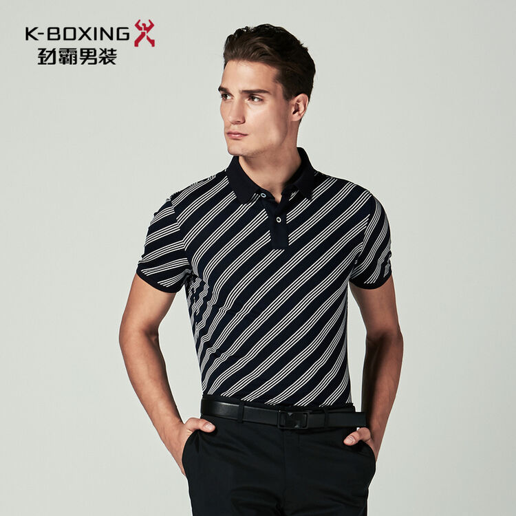 劲霸男装短袖t恤男劲霸丝棉斜条纹印花polo衫男士短袖t恤 深兰 195