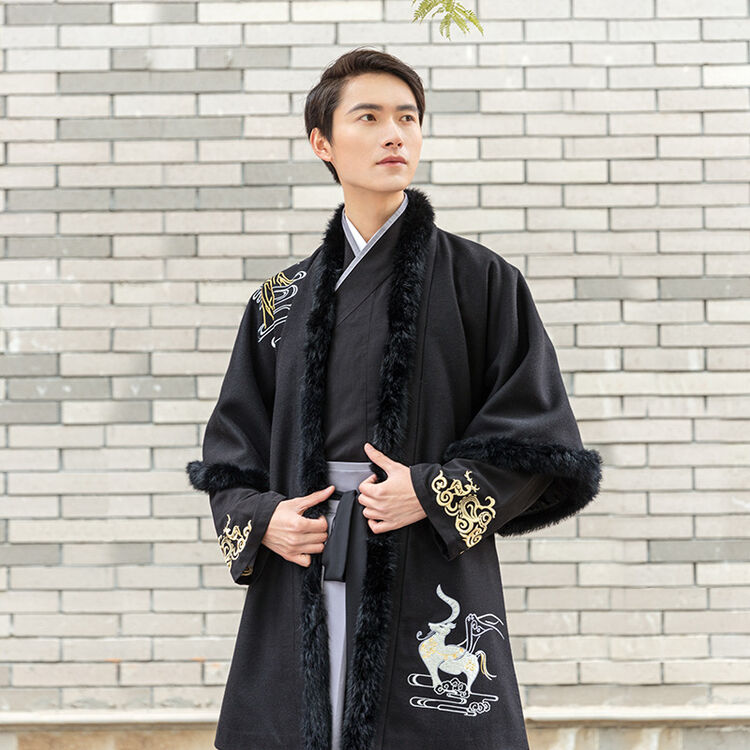 阿坡饵 云梦泽 汉服男款秋季对襟长半臂日常毛呢绣花外套非古装 黑色