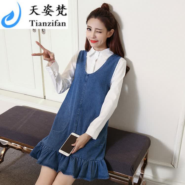 新款少女春装宽松牛仔背心裙韩版中长款背带裙子初中高中学生 深蓝色