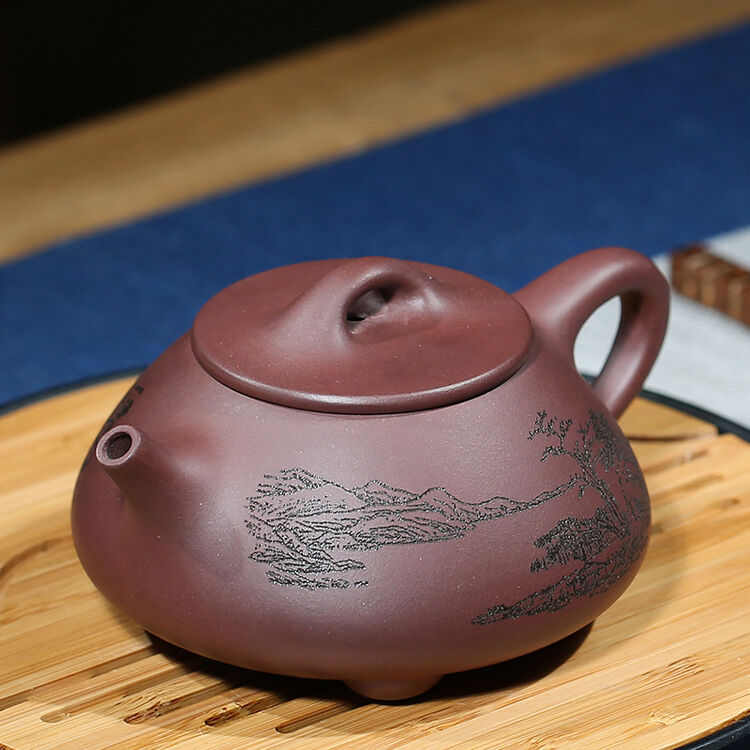 器普 刻绘石瓢 厚德载物 紫泥石瓢 原矿紫砂壶 1.山水款石瓢