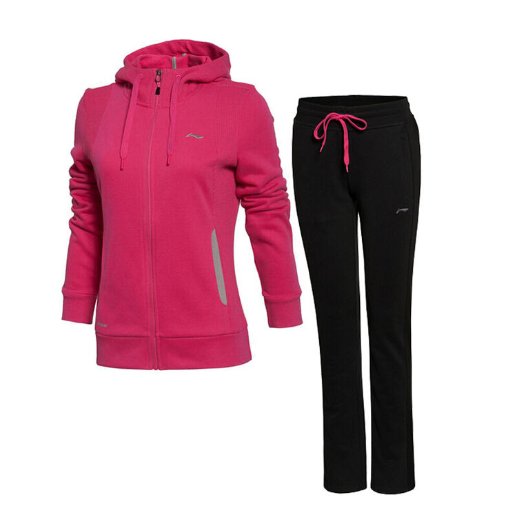 李宁运动套装女 春秋正品女子开衫连帽卫衣卫裤运动服dk552 甜菜红