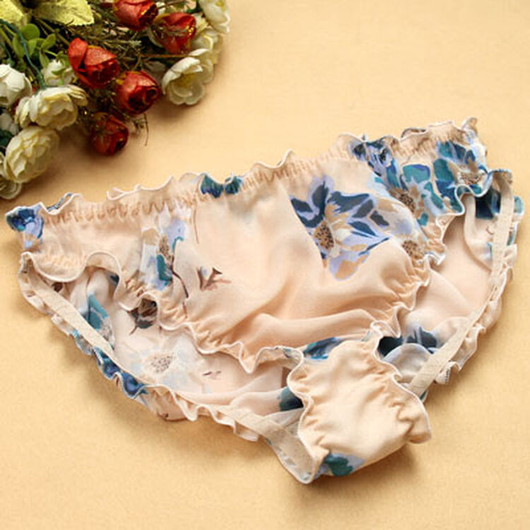 超性感 薄纱透气真丝内裤荷叶花边乔其纱女中腰大码透明三角裤 玉色