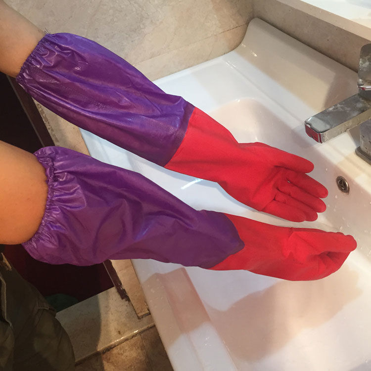 保暖家务手套加厚防水加绒里乳胶清洁手套橡胶花袖套加长洗碗洗衣 777