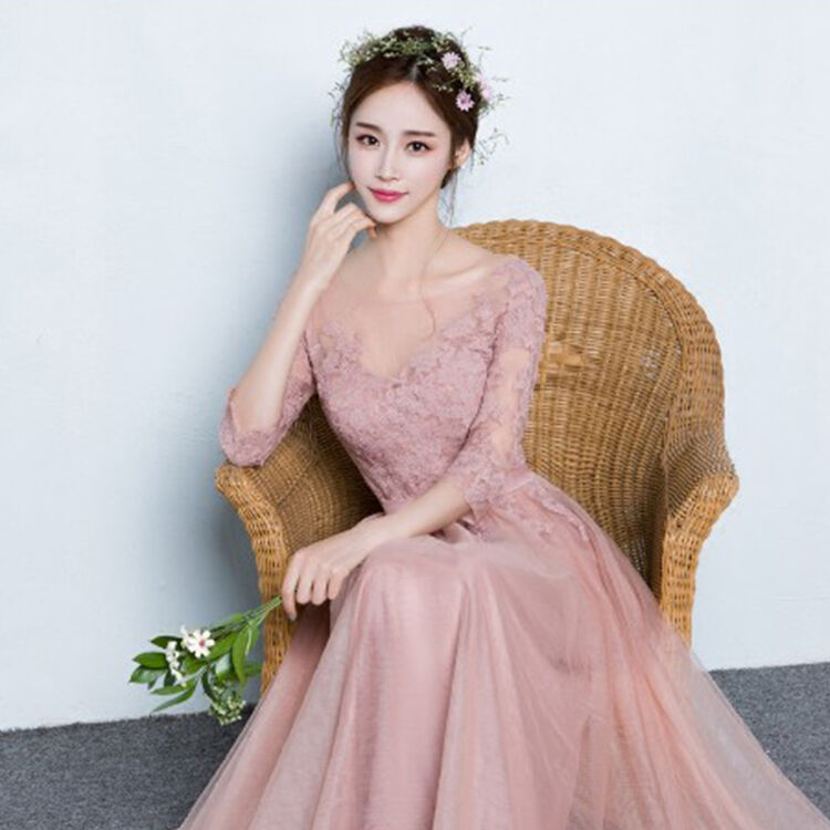 宴会晚礼服2017结婚新款敬酒服新娘长款粉色伴娘礼服主持人女冬季