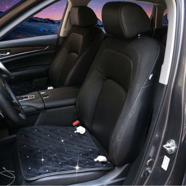 汽车座垫时尚菱格四季通用座垫镶钻山茶花冬季毛绒坐垫方块女士 白色