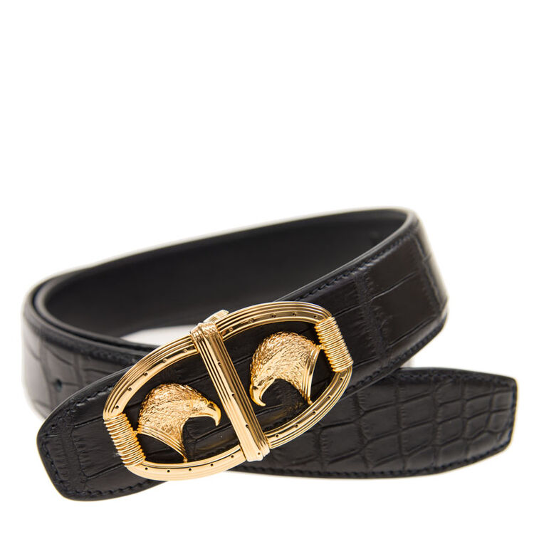 全新stefano ricci 皮带 黑色 皮革 金色双鹰扣 85cm