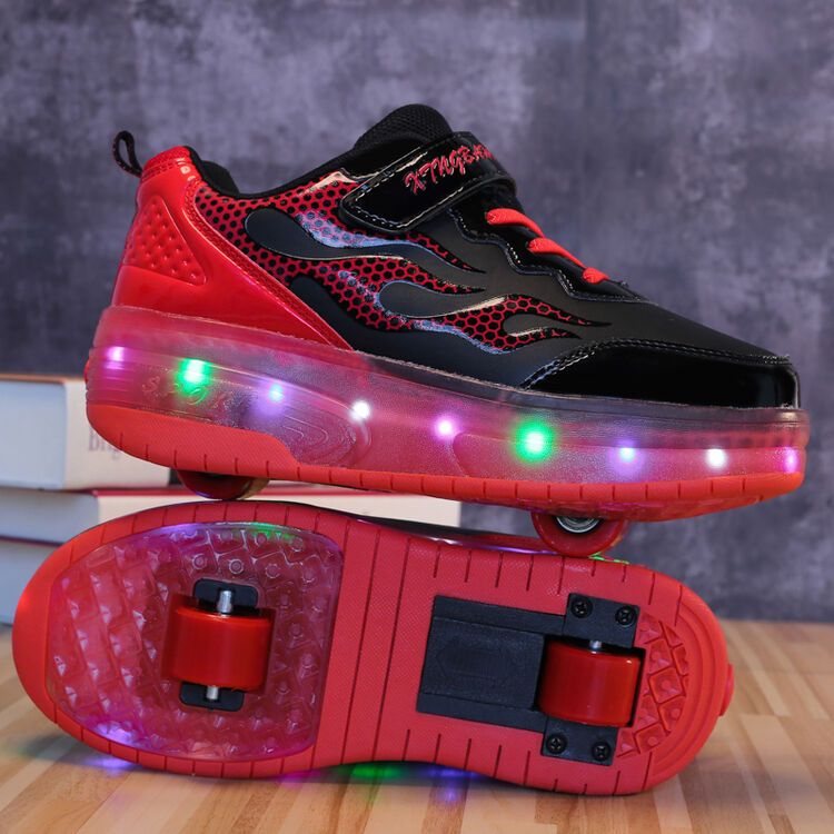 暴走鞋双轮男女儿童轮滑鞋青少年隐形带轮 黑色 08黑红双轮开关 28