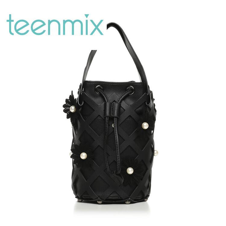 teenmix/天美意秋专柜同款珠饰手提斜跨两用包女水桶包aa054cn7 黑色