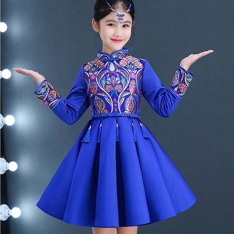 中国风旗袍连衣裙表演服女童古筝主持人公主裙演出服秋冬加棉 蓝色