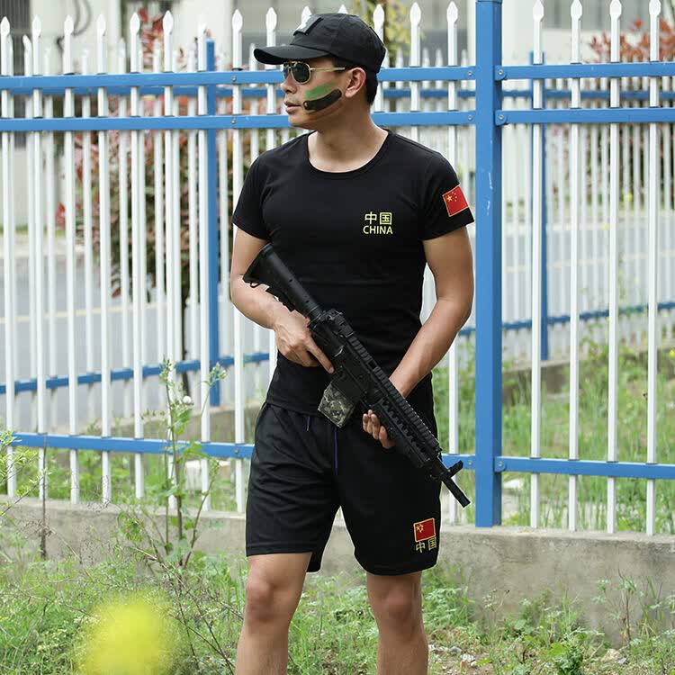 户外短袖军迷t恤短裤套装男武警2018夏季新款修身印字中国t恤短裤特警
