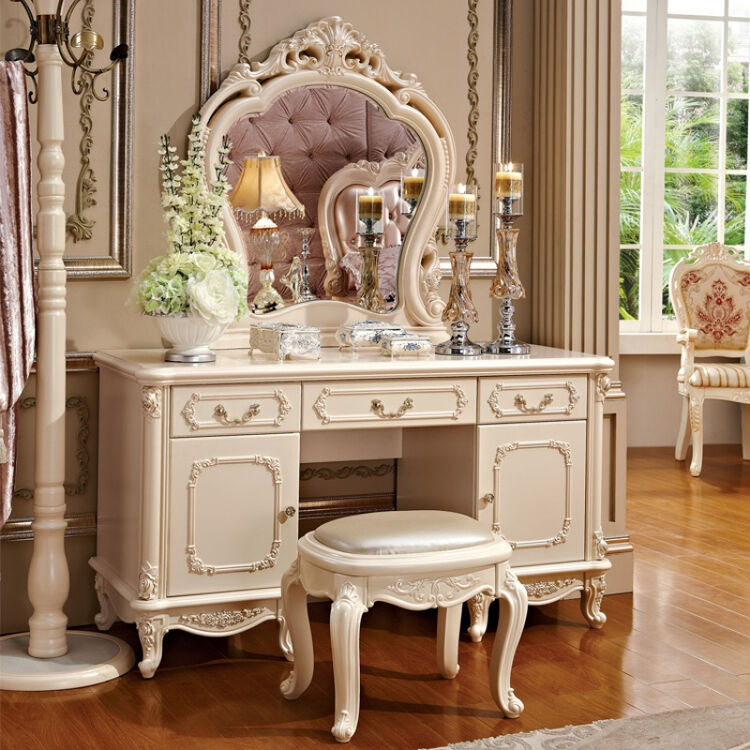 欧式梳妆台法式梳妆桌田园实木梳妆柜豪华雕花化妆台 梳妆台(象牙白)