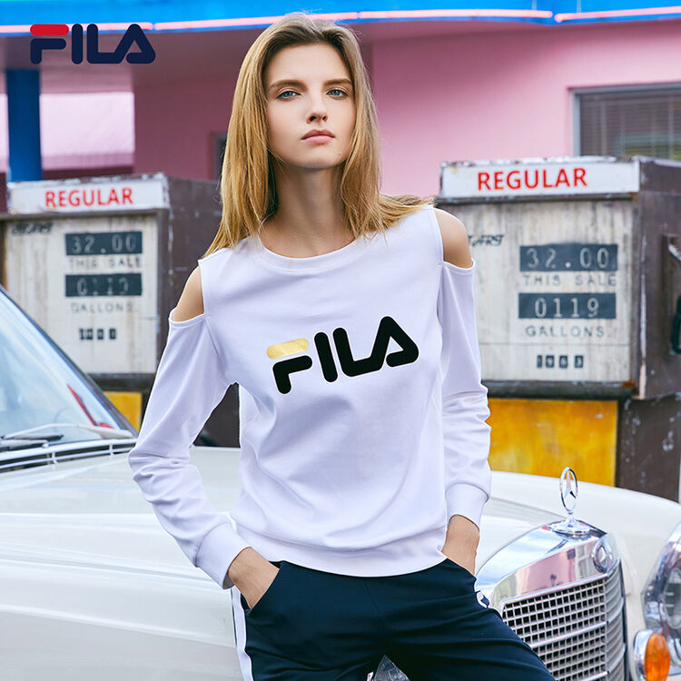 fila斐乐2017 w系列休闲女装字母t恤 秋季新款镂空纯棉长袖t恤 高圆圆