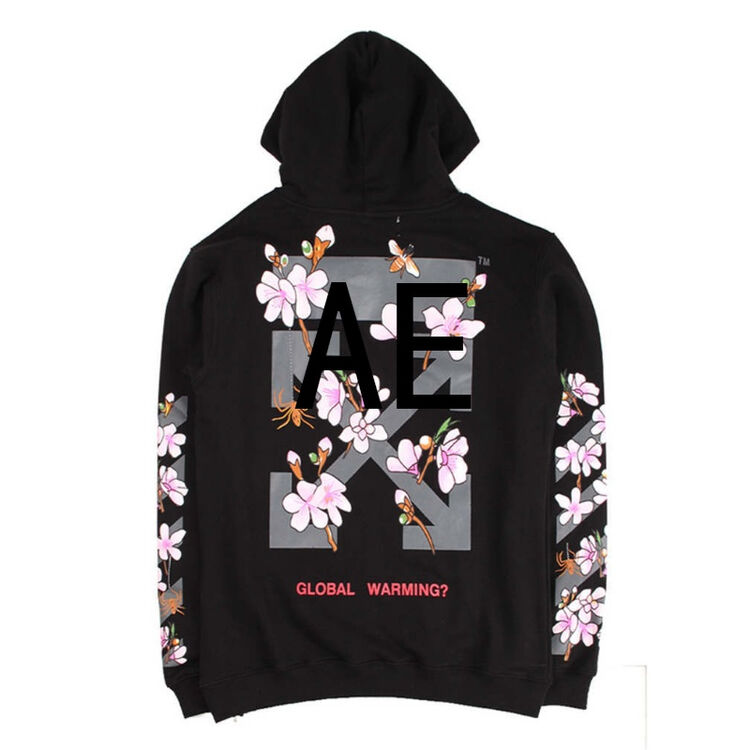 ae 潮off white ow秋季 樱花桃花箭头印花宽松情侣套头卫衣外套男女款