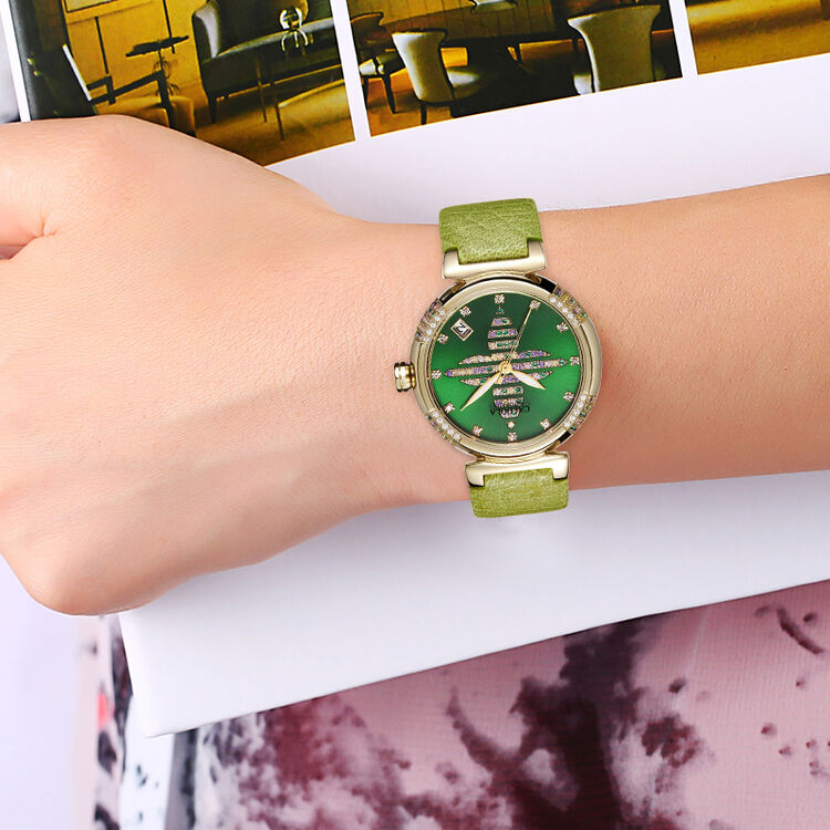 卡罗莱(caluola)女表全自动机械表时尚女士手表四叶草镶钻防水真皮带