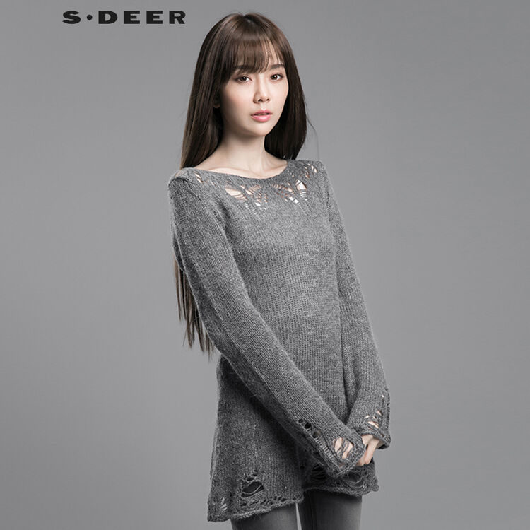 圣迪奥 sdeer 2016春装新款女装优雅钩花长款毛衣s14383585 德国灰 s