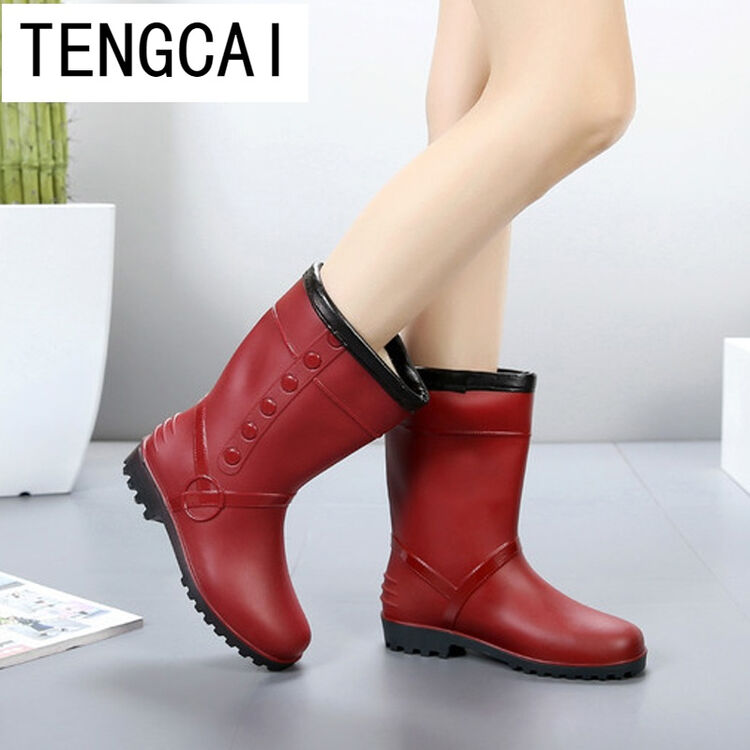 冬季新款雨鞋女中筒靴加绒保暖防滑雨靴韩国时尚胶鞋平底水鞋 红色 36