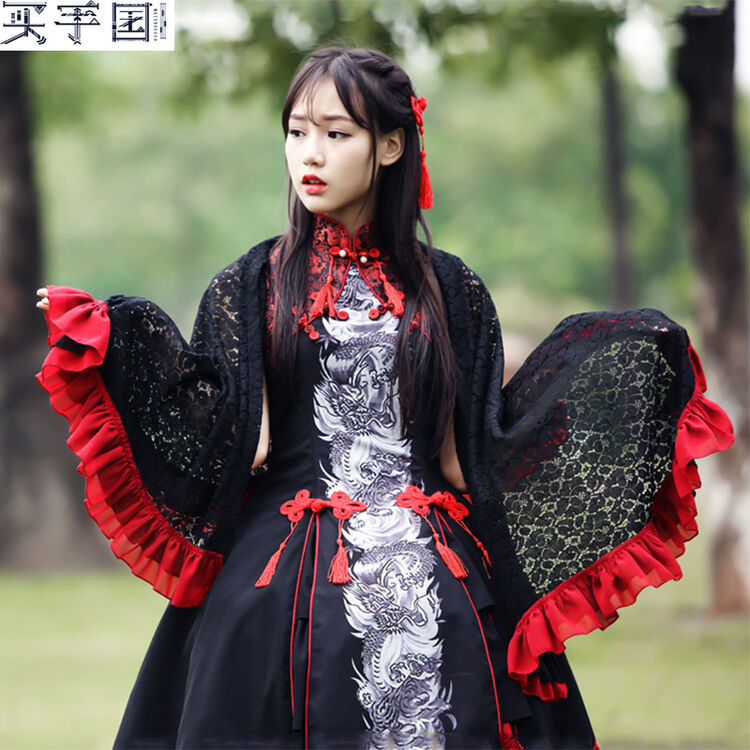 买手国 洛丽塔洋装 红色刺绣本命年lolita中国风青龙连衣裙 古典洋装