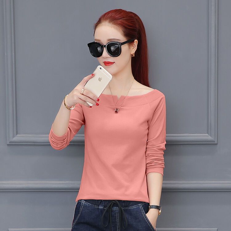 2018春季新款韩版修身显瘦一字领长袖t恤女百搭女装打底衫上衣潮 粉色