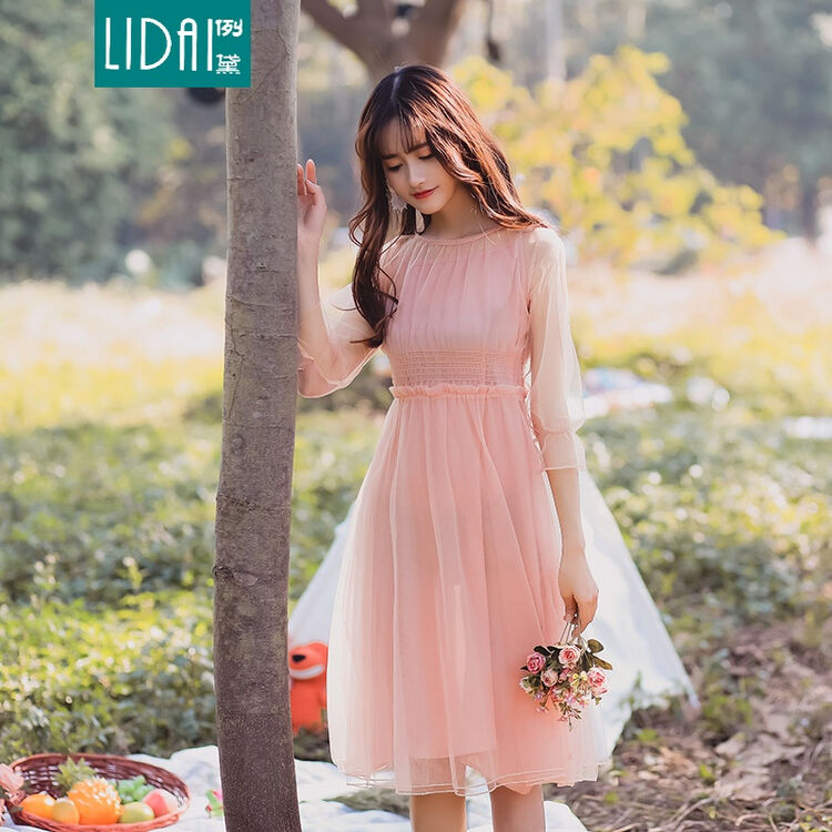 例黛8594实拍现货 文艺两件套粉色连衣裙网纱裙 粉红色 s