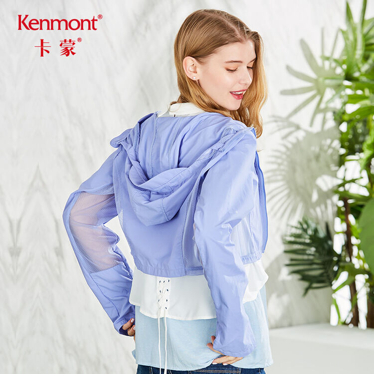 卡蒙(kenmont)户外电动车防晒衣海边防紫外线女短款超薄连帽开衫可护