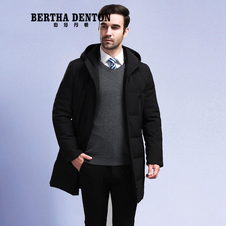 伯莎丹顿品牌冬季新款羽绒服男中长款连帽加厚大码2017欧美简约纯色连