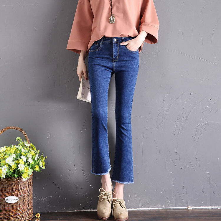 女神洛浠黑色牛仔裤女春秋季2018新款韩版百搭高腰潮微喇九分裤yk606