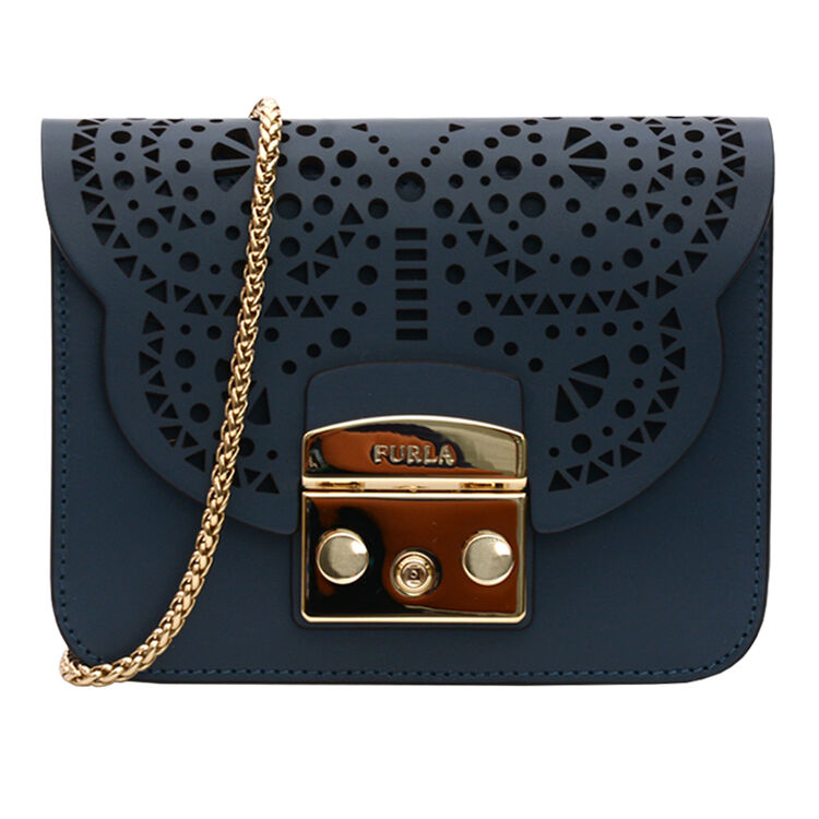 芙拉(furla)metropolis 女士蓝灰色时尚小号镂空压花链条单肩包斜挎包