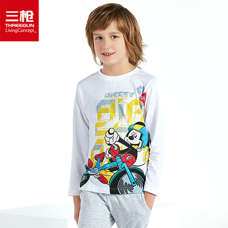 三枪童装 迪士尼米奇系列 柔软棉质男童儿童圆领长袖衫t恤白 110