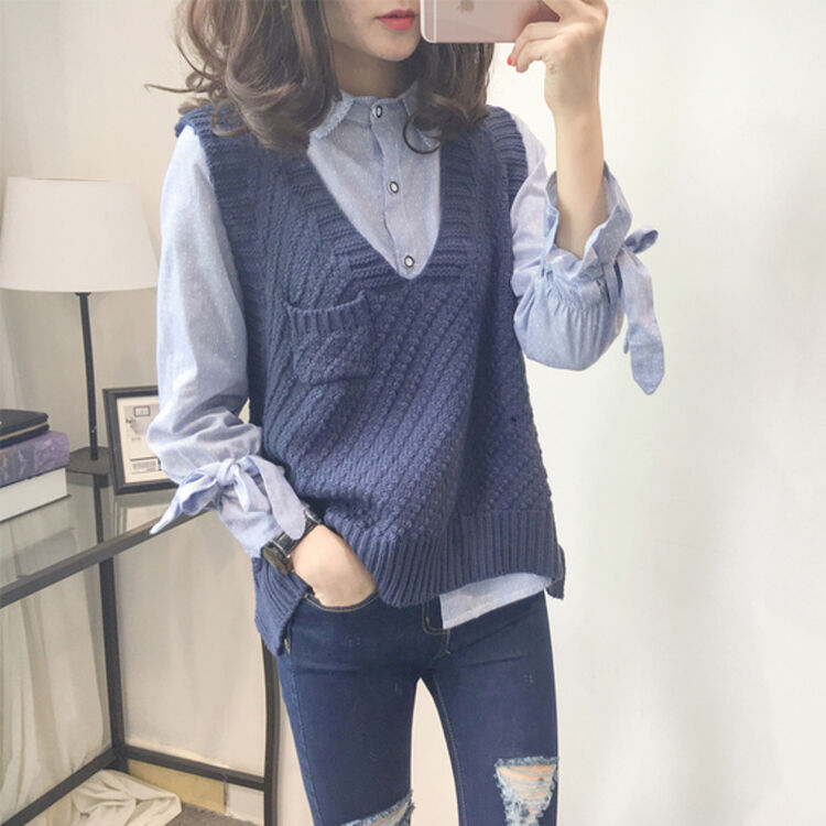 雷莎迪2018新款女装v领毛衣马甲不规则无袖针织背心秋季宽松套头上