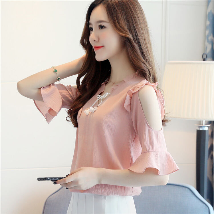 雪纺衫短袖女夏季新款宽松v领漏肩上衣小衫 粉色 s